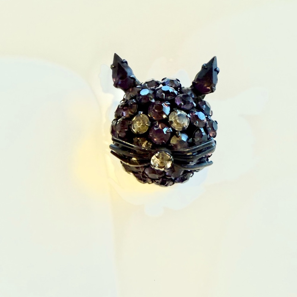 Vintage signed Warner dark purple rhinestone cat face brooch.